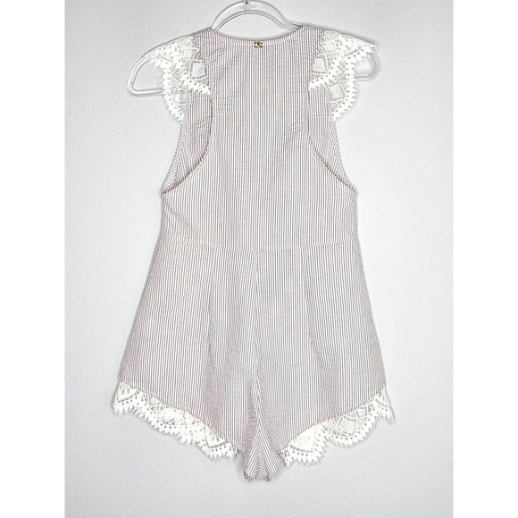 For Love & Lemons Emmy Sleep Romper Brown Seersucker and Lace Size Small - Picture 14 of 16
